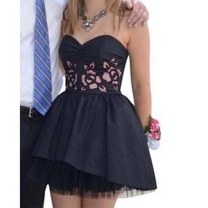 Betsey Johnson Black Mini Dress with Pink Floral Accent Size Small puff tutu